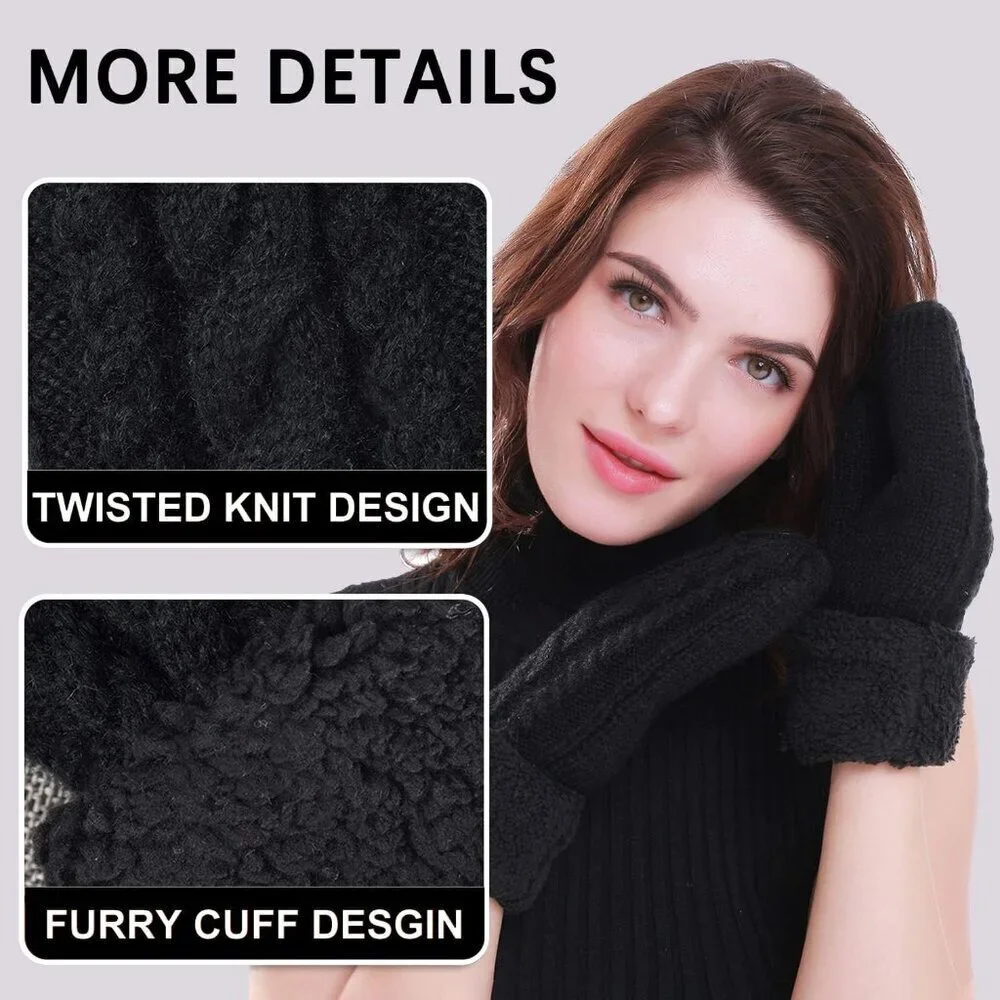 Women's Black Dark Gray Winter Warm Imported Fleece Lining Wool Knit Thick Glove